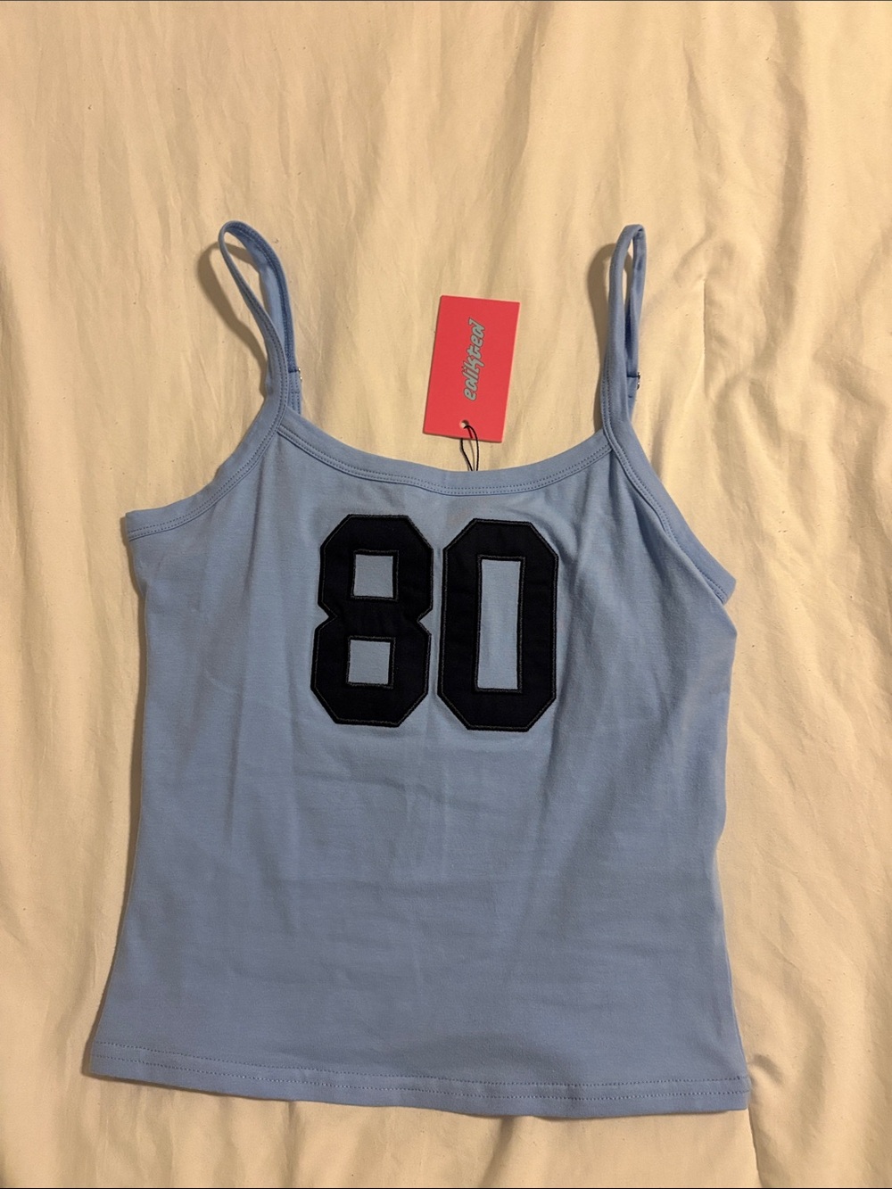 Edikted Light Blue Spaghetti Strap Tank with Navy '80' Patch